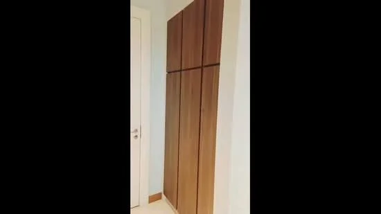 Room features: built-in cabinets, wood cabinetry, light wood finish, minimalist design, white walls, door, neutral flooring; style: modern.