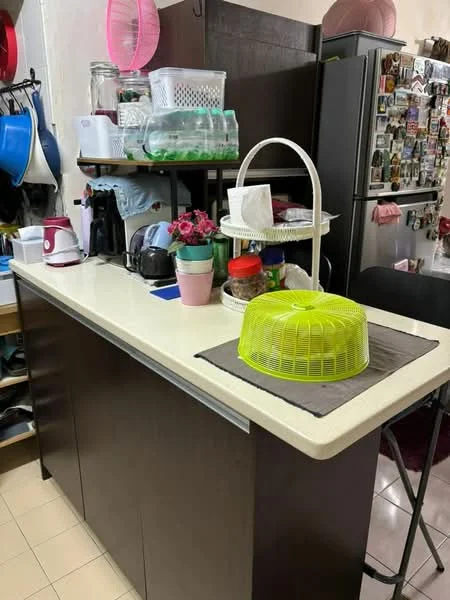 Kitchen features: laminate countertop, dark wood cabinetry, stainless-steel fridge, black coffee maker, white kettle, pink flower pot, plastic food cover, dish rack, various kitchen utensils, open shelving, bar stools; style: modern.