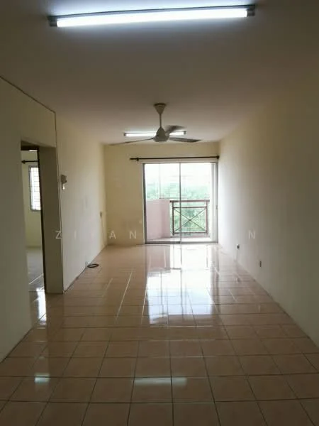 Living features: white painted walls, glossy ceramic tile flooring, 5-blade ceiling fan with light, sliding glass door, balcony view, window with curtain rod, light fixtures on ceiling, neutral color scheme; view: garden.