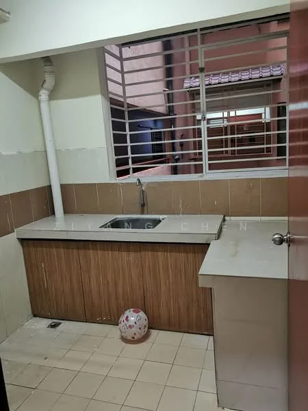 Kitchen features: single-bowl stainless-steel sink, chrome pull-down faucet, laminate countertop, wood cabinetry, tile backsplash, cream tiled flooring, window with security bars, wall-mounted pipe, open space layout.