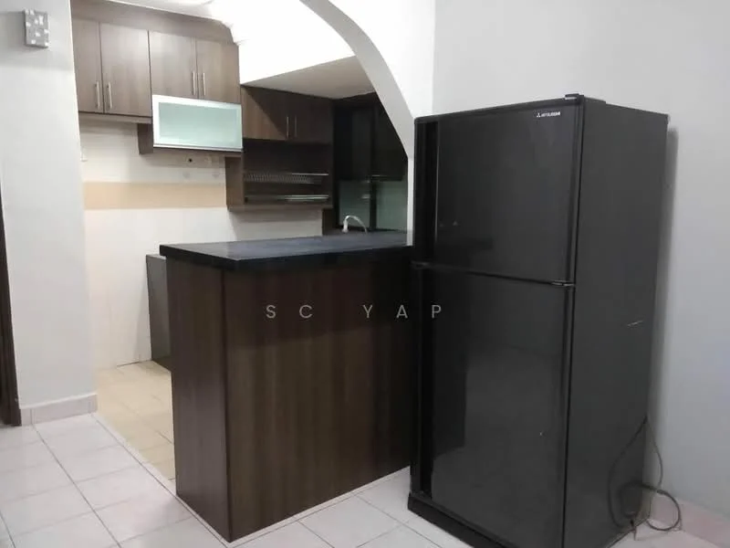 Kitchen features: black granite countertop, wood cabinetry, stainless-steel sink, chrome pull-down faucet, built-in microwave, fridge, tile backsplash, ceramic tile flooring, recessed downlights; style: modern.