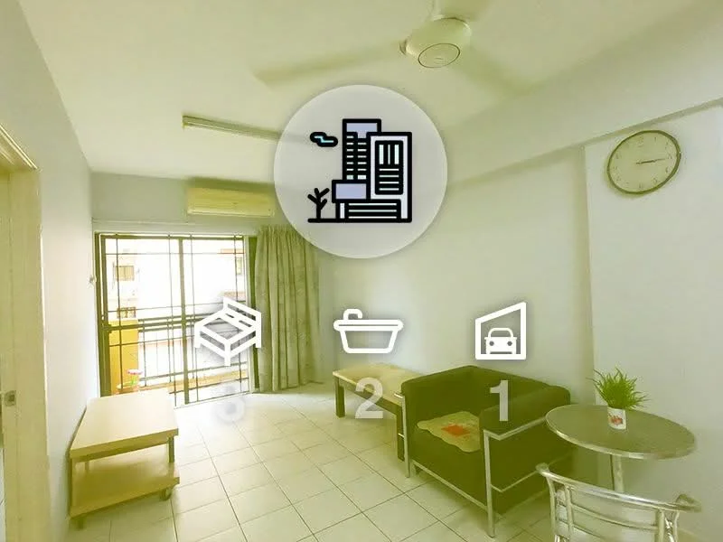 Living features: white painted walls, tile flooring, 5-blade ceiling fan, floor-to-ceiling windows, curtains, wall clock, sofa in dark color, coffee table, side table, decorative plant, air conditioning unit; style: modern.