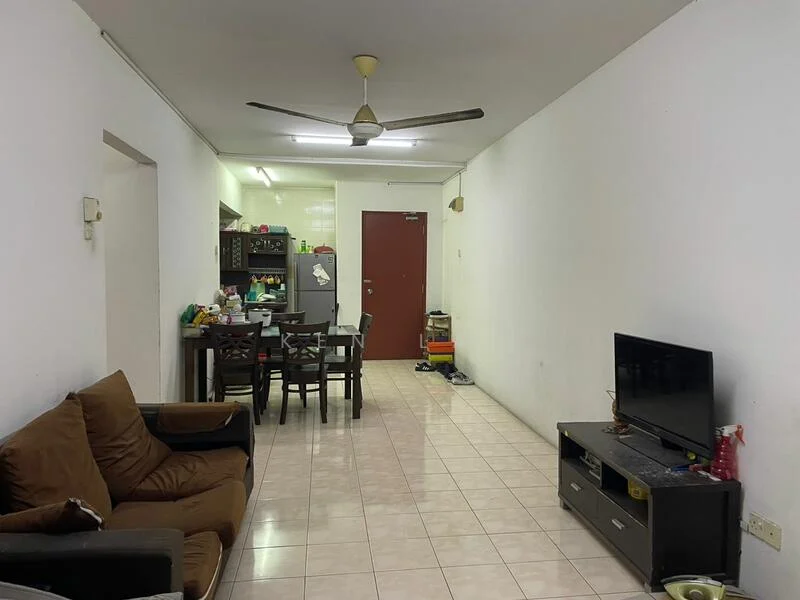 Living features: brown fabric sofa, ceiling fan, wall-mounted TV, TV console in black, white painted walls, tile flooring, dining table with chairs, kitchen area visible in background, refrigerator, door leading to hallway.
