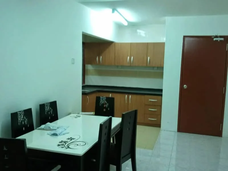 Dining features: white dining table with floral design, 6 black dining chairs, ceramic tile flooring, white painted walls, recessed ceiling lights; style: modern. Kitchen features: brown wooden cabinetry, black countertop, stainless-steel sink, built-in stove, white tiled backsplash, ceramic tile flooring; style: modern.