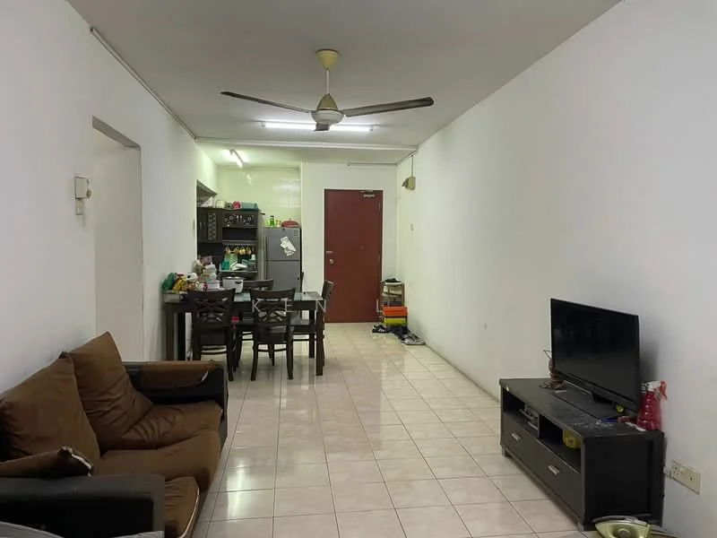 Living features: brown fabric sofa, coffee table, wall-mounted TV, TV console, ceiling fan, white painted walls, tile flooring, dining table with chairs, open kitchen layout, refrigerator, kitchen cabinets.