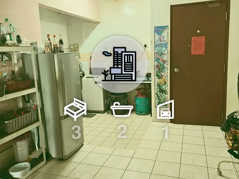 Kitchen features: stainless-steel fridge, white tiled walls, cream tiled flooring, wooden shelving unit, sink, washing machine, countertop, door, decorative wall art.