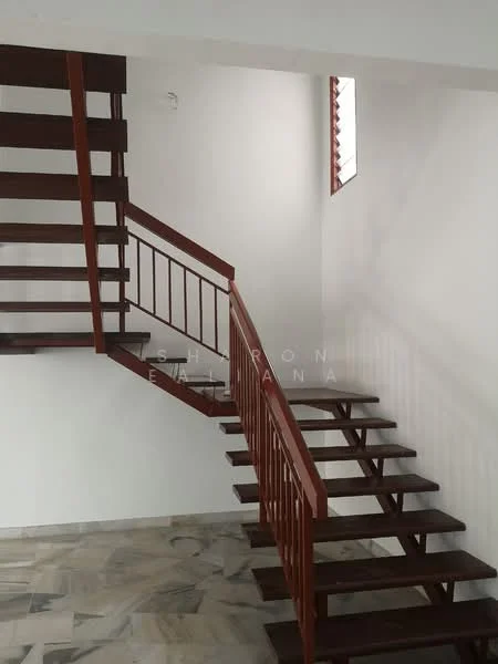 Room features: open staircase, wooden handrail, metal balustrade, marble flooring, white painted walls, natural light from window; style: modern.
