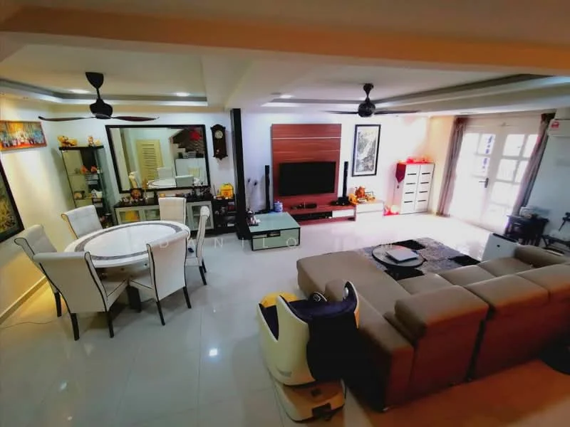 Living features: L-shape sectional sofa in beige, coffee table, wall-mounted TV, TV console, area rug, 5-blade ceiling fan with light, recessed downlights, cream painted walls, white tiled flooring, decorative wall art, sliding glass door, curtains, built-in shelving unit; style: modern. Dining features: 6-seater round dining table, upholstered dining chairs, decorative centerpiece, 5-blade ceiling fan with light, cream painted walls, white tiled flooring; style: modern.