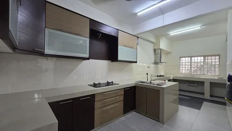 Kitchen features: L-shaped kitchen layout, brown and cream cabinetry, stainless-steel sink, chrome pull-down faucet, 2-burner gas hob, wall-mounted range hood, white tiled backsplash, grey tile flooring, recessed ceiling lights, window with grid pattern, countertop with overhang for seating; style: modern.