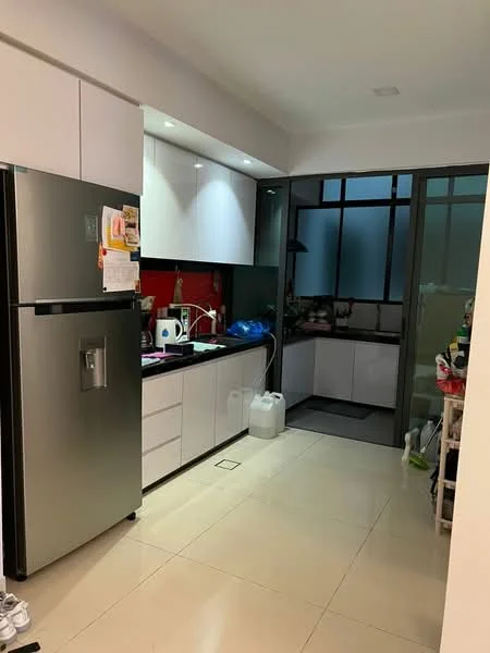 Kitchen features: stainless-steel fridge, white cabinetry, black countertop, red backsplash, single-bowl stainless-steel sink, chrome pull-down faucet, built-in oven, microwave, ceramic tile flooring, window with black frame, kitchen island, open shelving, kettle, dishwasher; style: modern.