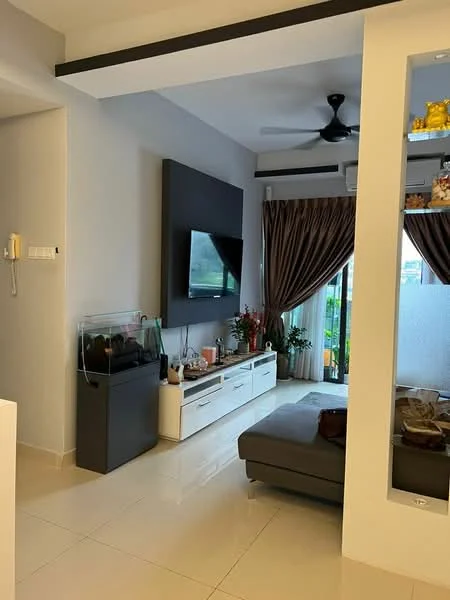 Living features: grey fabric sectional sofa, white TV console, wall-mounted flat-screen TV, 5-blade ceiling fan with light, floor-to-ceiling windows, sheer curtains, decorative plants, wall-mounted shelving unit, tile flooring, recessed lighting, decorative wall art; style: modern; view: garden.