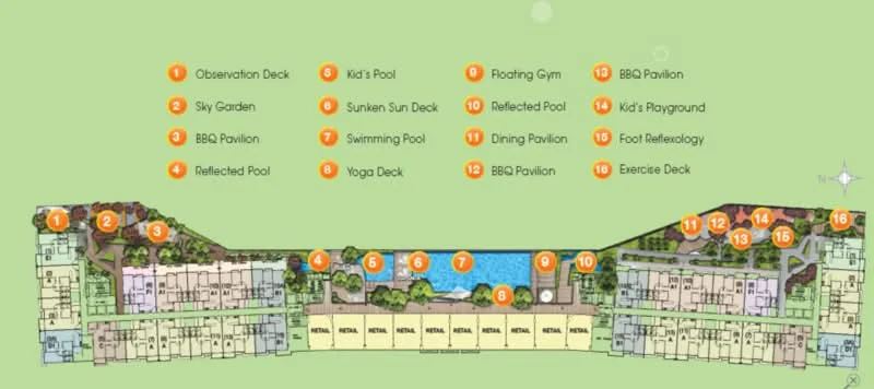 Floor plan: features: observation deck, kid's pool, floating gym, BBQ pavilion, sunken sun deck, reflected pool, swimming pool, dining pavilion, yoga pavilion, exercise deck, foot reflexology area, kid's playground.