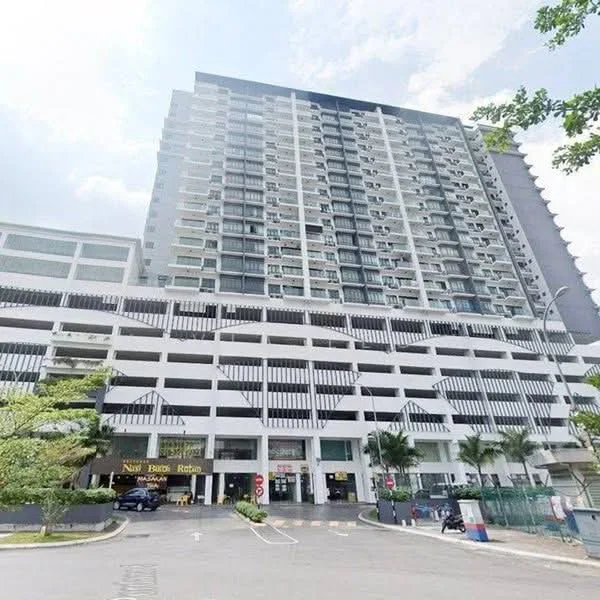 Exterior type: high-rise condominium; features: glass curtain wall, white painted facade, balconies with glass railings, multi-storey car park, landscaped entrance, palm trees in landscaping, visible signage for retail units, open-air parking lot; style: modern.