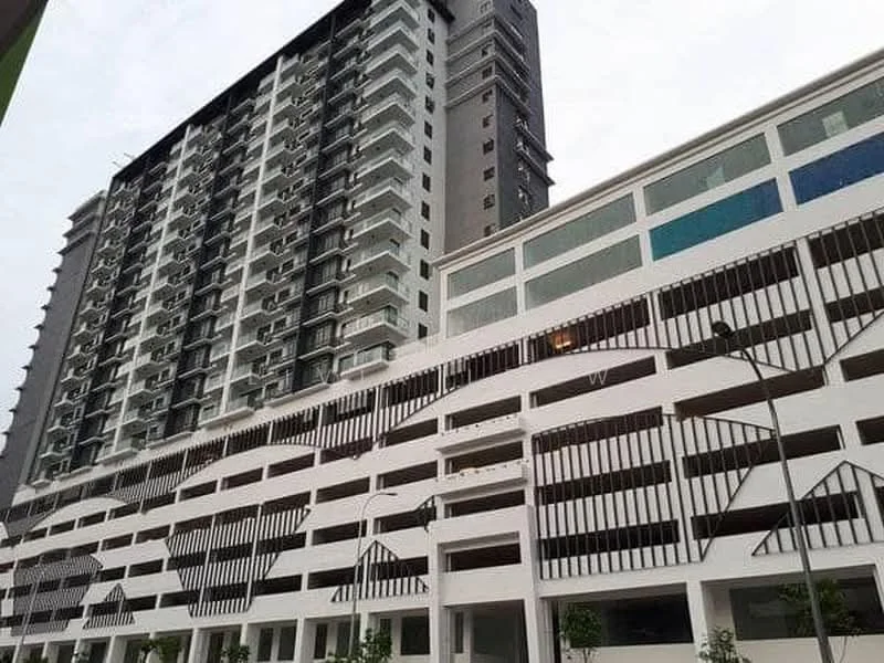 Exterior type: high-rise condominium; features: glass curtain wall, white painted facade, projecting balconies, vertical fins, multi-storey car park, manicured landscaping, modern architectural design; style: modern.