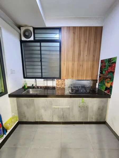 Kitchen features: single-bowl stainless-steel sink, chrome pull-down faucet, black granite countertop, wood panel backsplash, grey laminate cabinetry, built-in gas hob, wall-mounted exhaust fan, grey ceramic tile flooring, window with black frame, decorative wall art with vegetable theme; style: modern.