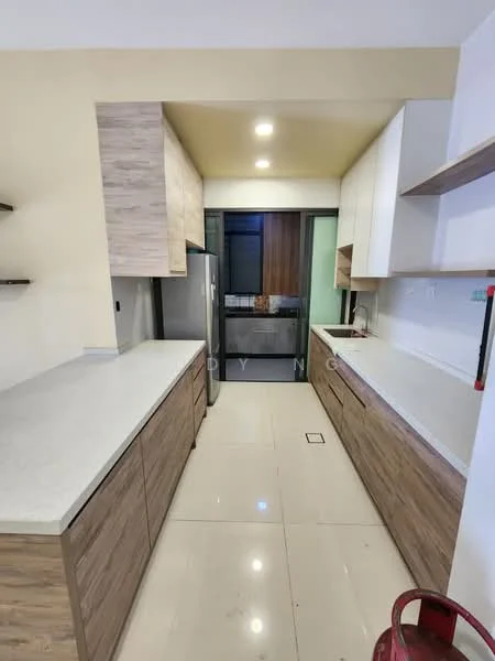 Kitchen features: white quartz countertop, light wood cabinetry, stainless-steel fridge, built-in oven, ceramic tile flooring, open shelving, recessed lighting, glass door leading to pantry, neutral wall color, modern faucet; style: modern.