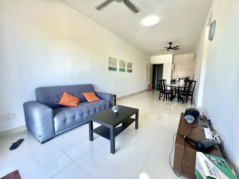 Living features: grey fabric sofa with orange cushions, black coffee table, white walls, glossy tile flooring, ceiling fan, dining table with chairs in background, decorative wall art, floor lamp, TV console, wall-mounted TV; style: modern.