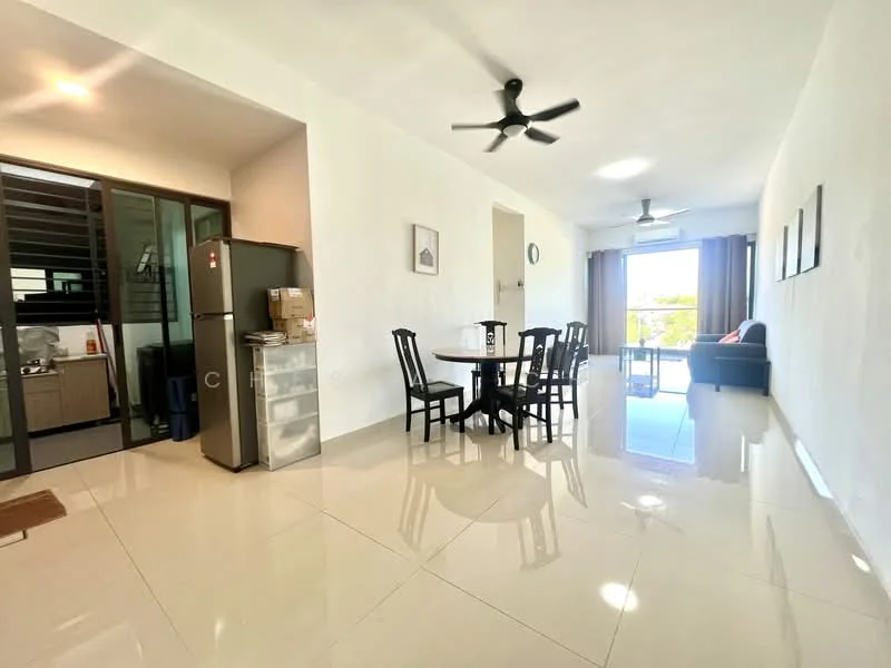 Living features: white painted walls, glossy tile flooring, 5-blade ceiling fan, sofa in grey, coffee table, dining table with 4 chairs, floor-to-ceiling windows, curtains, natural light, open layout; style: modern; view: city. Kitchen features: white cabinetry, stainless-steel fridge, kitchen counter, sink, open shelving; style: modern.