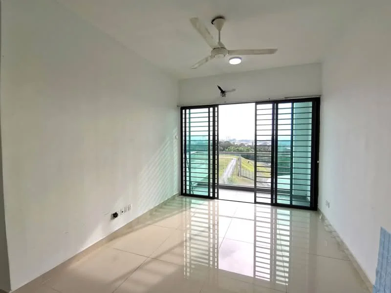 Room features: white painted walls, glossy tile flooring, 5-blade ceiling fan with light, floor-to-ceiling sliding glass door, black metal window grilles, natural light from large window, view of outdoor space; style: modern; view: city.
