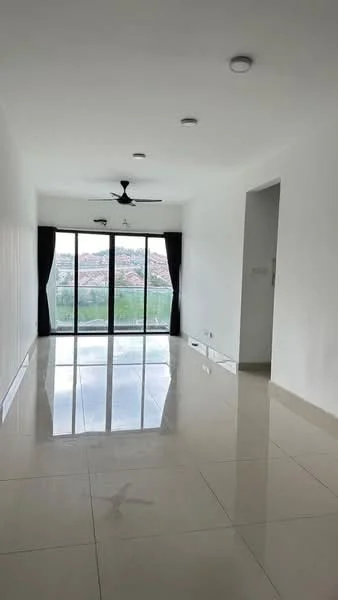 Living features: white painted walls, polished ceramic tile flooring, 5-blade ceiling fan with light, floor-to-ceiling windows, blackout curtains, sliding glass door, recessed downlights, open layout, view of surrounding area; style: modern; view: garden.