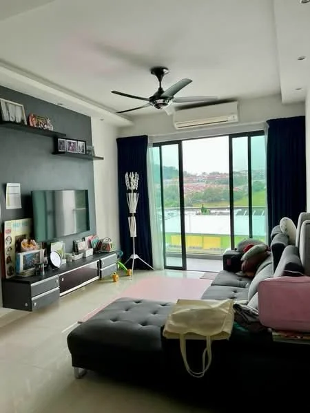 Living features: 5-blade ceiling fan with light, wall-mounted TV, black TV console, grey sectional sofa, area rug, large glass sliding door, floor-to-ceiling windows, dark blue curtains, white painted walls, recessed lighting, decorative wall shelf, decorative items on shelf; style: modern; view: garden.