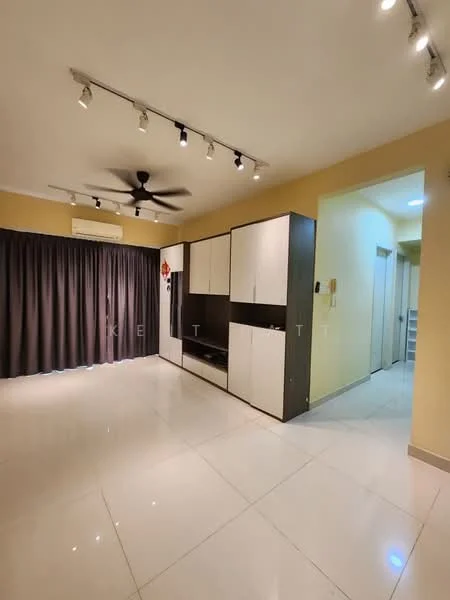 Living features: white glossy tile flooring, yellow painted walls, dark grey curtains, 5-blade ceiling fan with light, recessed LED downlights, built-in cabinetry with white and dark wood finish, air conditioning unit, doorway leading to hallway; style: modern.