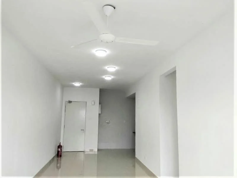 Room features: white painted walls, polished floor tiles, ceiling fan, recessed LED downlights, fire extinguisher, door with handle, open space layout; style: modern.
