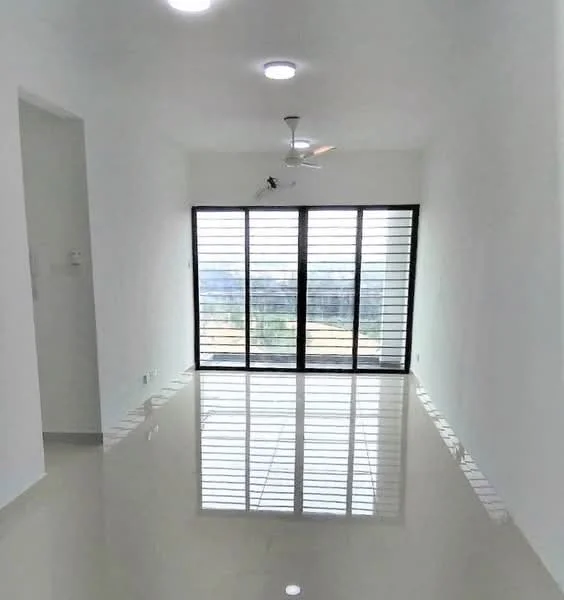 Room features: white painted walls, glossy tile flooring, 5-blade ceiling fan with light, floor-to-ceiling windows, black horizontal slatted window treatments, natural light from windows, view of outdoor landscape; style: modern; view: garden.