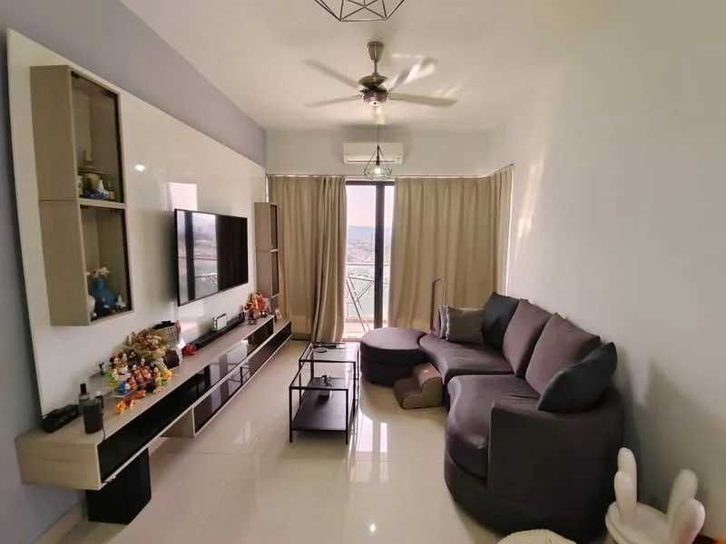 Living features: 3-seater fabric sofa in grey, round coffee table, wall-mounted TV, TV console with storage, ceiling fan, floor-to-ceiling windows, curtains, decorative items on shelves, light-colored walls, glossy tile flooring; style: modern; view: city.