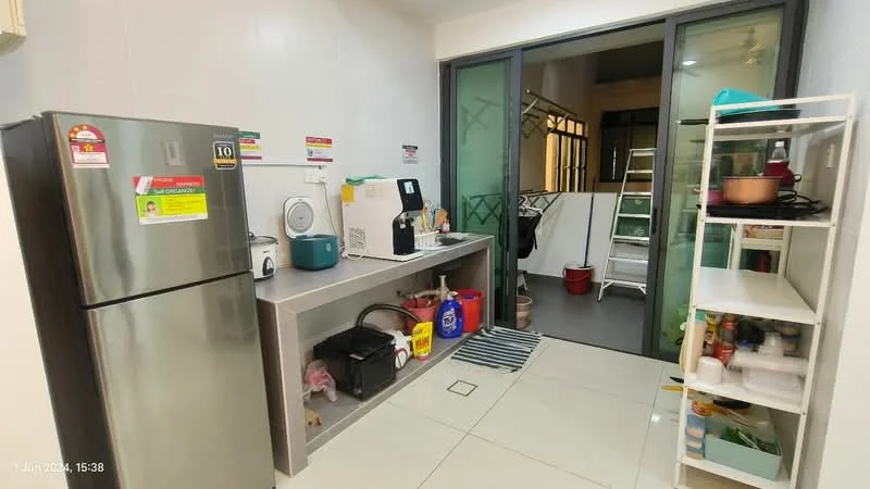 Kitchen features: stainless-steel fridge, built-in microwave, electric kettle, blender, white cabinets, grey countertop, ceramic tile flooring, wall-mounted shelves, sink, window with view to outdoor area, open shelving with kitchenware, striped area rug; style: modern.