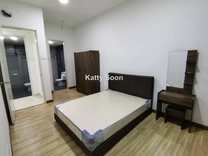 Bedroom features: queen-size bed, wooden bed frame, laminate flooring, white painted walls, built-in wardrobe in dark wood, dressing table with mirror, light fixture on ceiling, window with no visible treatment; style: modern. Bathroom features: toilet, shower area, tile flooring, glass shower enclosure.