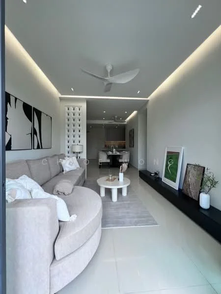 Living features: beige fabric sofa, round coffee table, area rug, wall-mounted TV, feature wall with artwork, recessed downlights, 5-blade ceiling fan, sliding glass door, decorative plant, built-in shelving, neutral wall color, glossy tile flooring; style: modern.