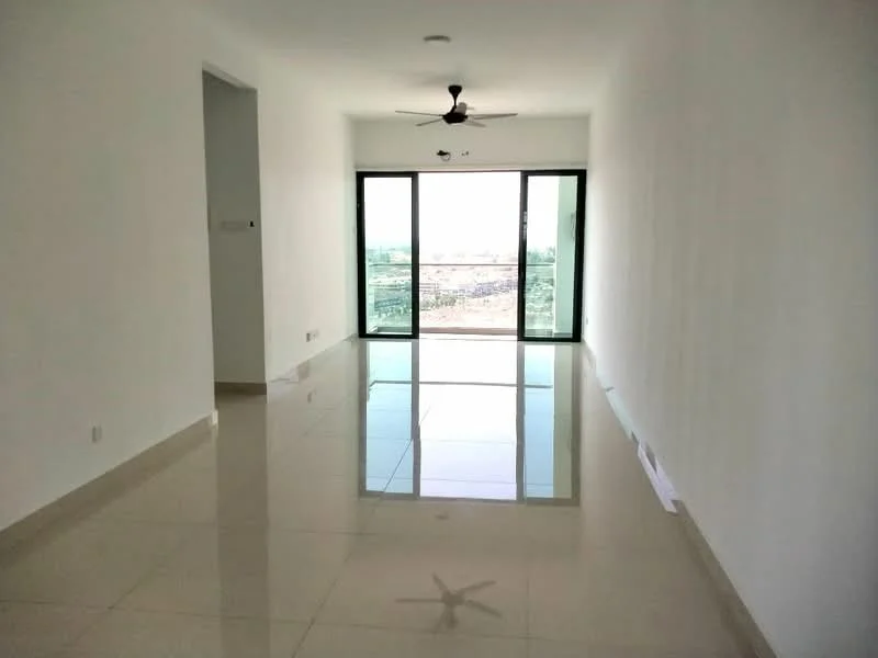 Living features: white painted walls, glossy ceramic tile flooring, 5-blade ceiling fan, floor-to-ceiling windows, sliding glass door, balcony access, natural light, open layout; style: modern; view: garden.
