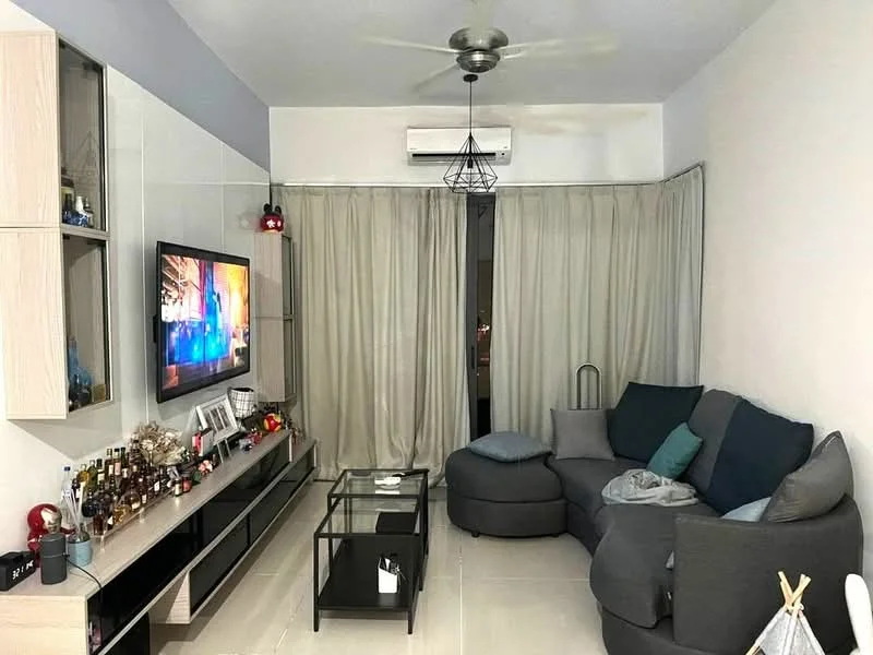 Living features: 3-seater fabric sofa in grey, ottoman in grey, coffee table with glass top, TV console with storage, wall-mounted TV, recessed downlights, ceiling fan, curtains, decorative wall shelf, decorative items on shelf, light fixture with geometric design, tile flooring, air conditioning unit; style: modern.