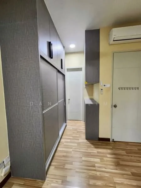 Room features: laminate wood flooring, grey textured wall cabinetry, white door, wall-mounted air conditioning unit, light fixture in ceiling, built-in storage unit, neutral wall color, open space layout; style: modern.