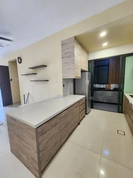 Kitchen features: light wood cabinetry, white quartz countertop, stainless-steel fridge, open shelving, tile flooring, recessed downlights, sliding glass door, neutral wall color; style: modern.