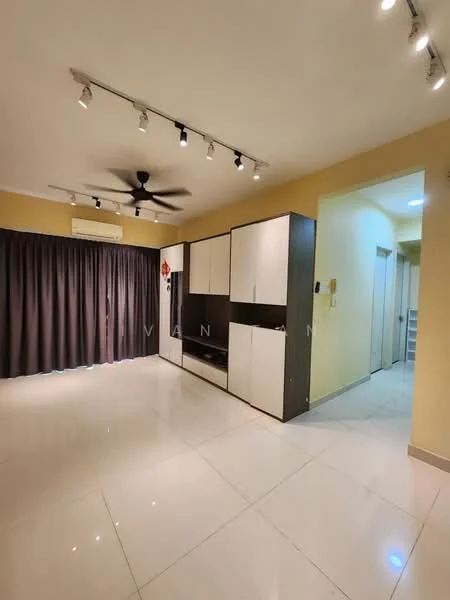 Living features: white tiled flooring, cream painted walls, 5-blade ceiling fan with light, track lighting, floor-to-ceiling curtains, built-in cabinetry with white and black finish, air conditioning unit, doorway leading to hallway; style: modern.