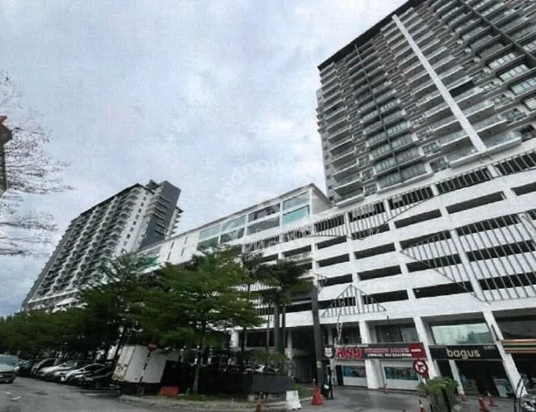 Exterior type: high-rise condominium; features: glass curtain wall, white painted facade, multiple balconies, parking deck, landscaped greenery, commercial units at ground level, surrounded by mature trees; style: modern.