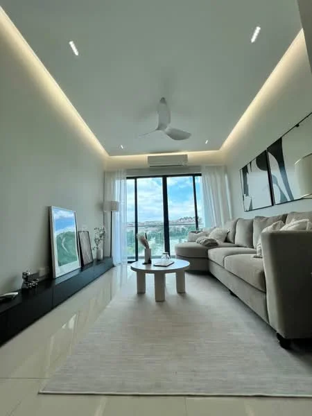 Living features: 5-blade ceiling fan with light, recessed LED downlights, floor-to-ceiling sliding glass door, white sheer curtains, light grey fabric sofa, round coffee table, area rug in light color, black console table, framed artwork, decorative items on console, white painted walls, glossy tile flooring; style: modern; view: city.