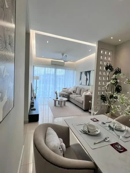 Living features: sofa in light beige fabric, coffee table, TV console, wall-mounted TV, area rug, 5-blade ceiling fan with light, recessed downlights, floor-to-ceiling windows, sheer curtains, decorative wall with cut-out patterns, decorative plants, wall art, light-colored walls, glossy tile flooring; style: modern; view: city. Dining features: dining table for four, upholstered dining chairs, table setting with plates and glasses, decorative centerpiece; style: modern.