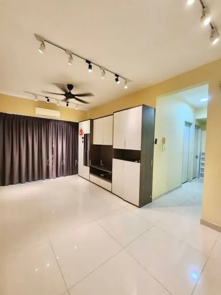 Living features: white painted walls, glossy ceramic tile flooring, 5-blade ceiling fan with light, recessed LED downlights, blackout curtains, built-in cabinetry with white and wood finish, air conditioning unit, open layout, neutral color scheme; style: modern.
