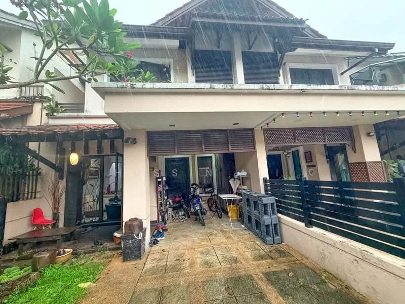 Exterior type: semi-detached house; features: two-storey structure, covered porch area, stone-paved walkway, manicured garden, overhanging eaves, wooden balcony railings, outdoor lighting fixtures, bicycle storage area, decorative wall panels, sliding glass doors, large windows, roof with tiles; style: modern.