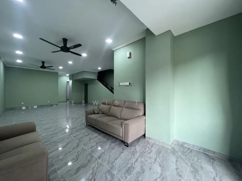 Living features: light green painted walls, grey marble tile flooring, 2-seater fabric sofa in beige, 5-blade ceiling fan with light, recessed LED downlights, open layout, staircase visible in background, no visible window treatments; style: modern.