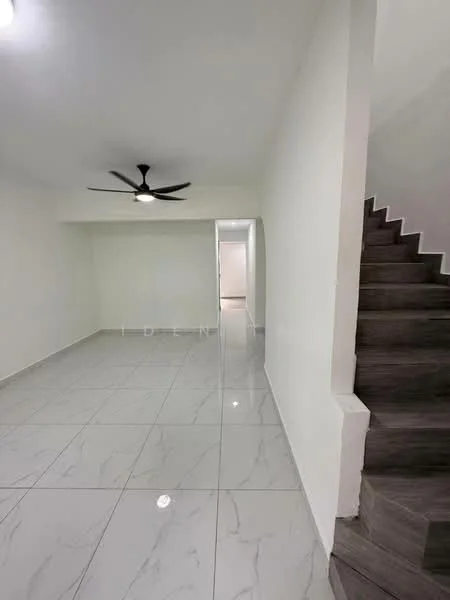 Room features: white painted walls, marble tile flooring, 5-blade ceiling fan, staircase with wooden steps, recessed lighting, open layout, neutral color scheme, no visible furniture; style: modern.