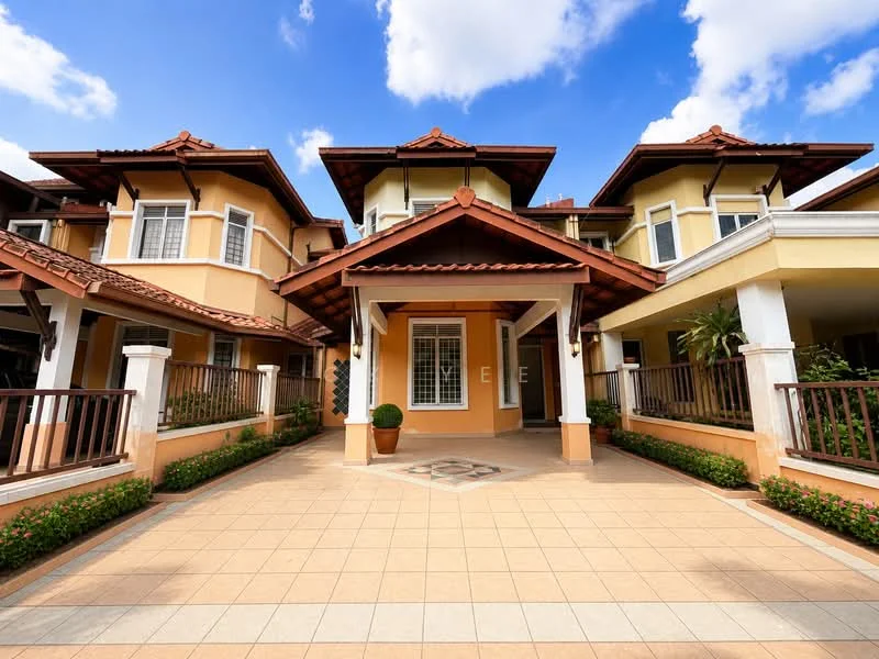 Exterior type: linked terrace house; features: cream painted facade, red tiled roof, double-volume entrance, porch area with tiled flooring, decorative stone pattern at entrance, surrounded by landscaped garden, mature greenery, white columns, windows with white frames, balcony on upper level; style: modern.