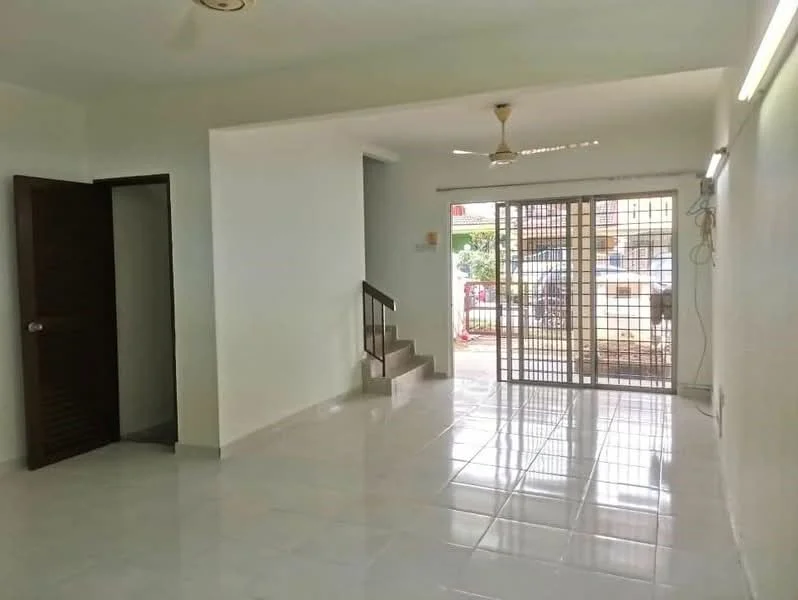 Living features: white painted walls, glossy ceramic tile flooring, 5-blade ceiling fan, sliding glass door, grill gate, natural light from windows, staircase leading to upper floor, wall-mounted electrical outlets, light fixtures, open layout; style: modern; view: garden.