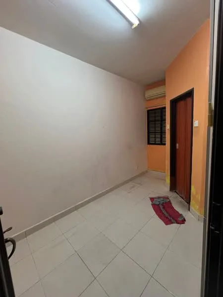 Room features: white painted walls, orange accent wall, tile flooring, 1 window with grille, 1 door, ceiling light fixture, empty space, no visible furniture.