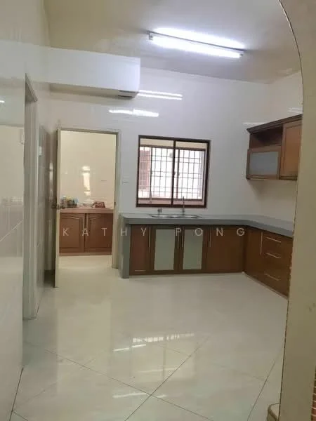 Kitchen features: white painted walls, glossy tile flooring, brown wooden cabinetry, grey countertop, single-bowl stainless-steel sink, built-in oven, window with grid pattern, recessed ceiling lights, air conditioning unit; style: modern.