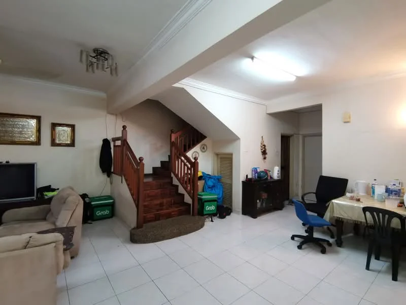 Living features: cream painted walls, white ceiling with crown moulding, recessed ceiling lights, 3-seater fabric sofa in beige, coffee table, TV console, wall-mounted TV, tile flooring, staircase with wooden railing, decorative wall art, area rug, study desk with chair; style: modern.