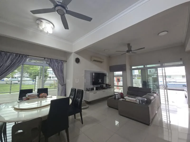 Living features: 3-seater fabric sofa in grey, coffee table, wall-mounted TV, entertainment unit, ceiling fan, recessed downlights, sliding glass door, floor-to-ceiling windows, white painted walls, glossy tile flooring; style: modern; view: garden. Dining features: 6-seater dining table, black dining chairs, decorative mirror, curtains, white painted walls, glossy tile flooring; style: modern; view: garden.